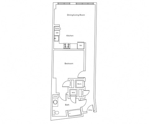 Floor plan for 1 bed, 1 bath, 693 sqft